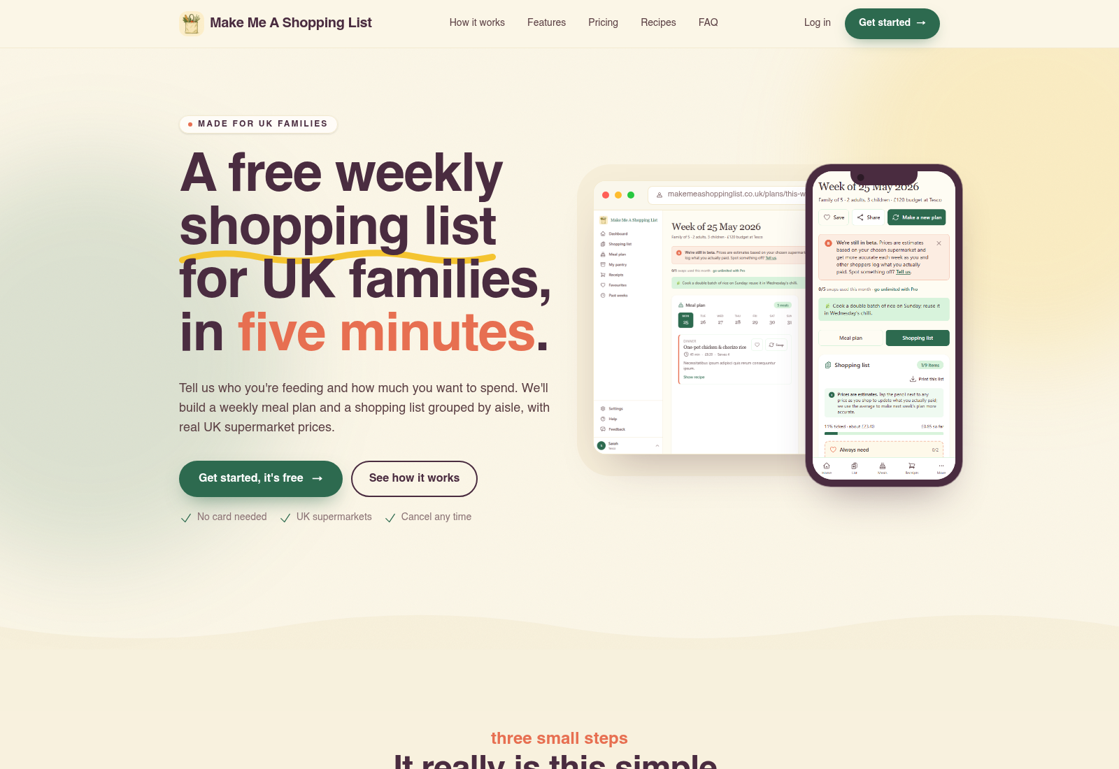 Make Me A Shopping List live site screenshot